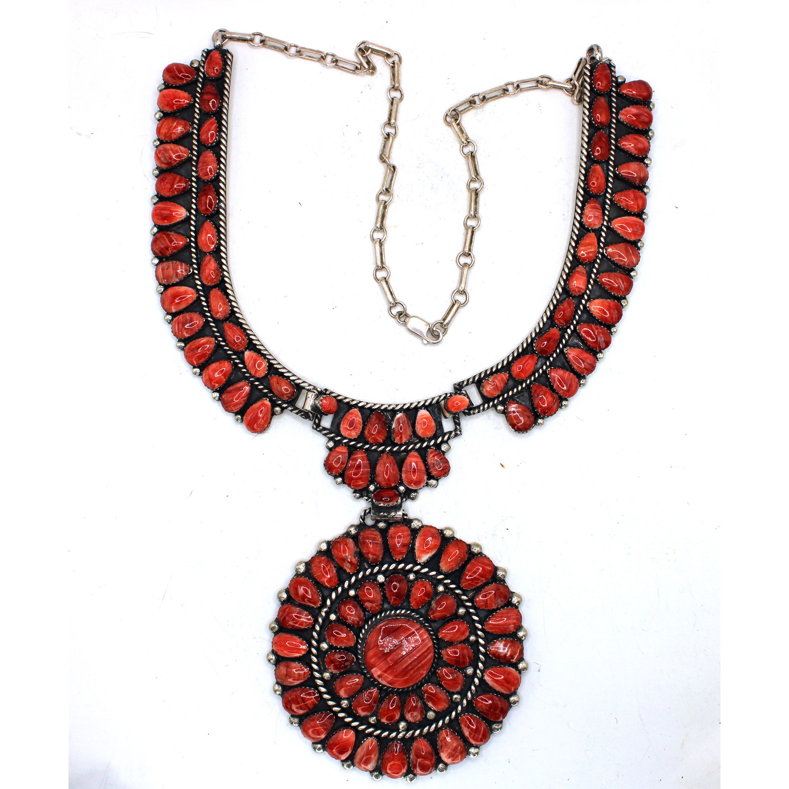 Feather Marked Native American Sterling Silver Spiny Oyster Cluster Necklace